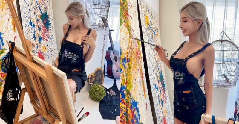 不要穿衣服就不會弄髒了！巨乳芭比只穿裸體圍裙露側乳作畫