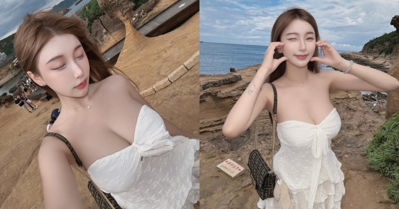 野柳公園驚見「爆乳正妹」！娜娜米低胸洋裝太搶眼，女王頭都沒有她車頭好看！